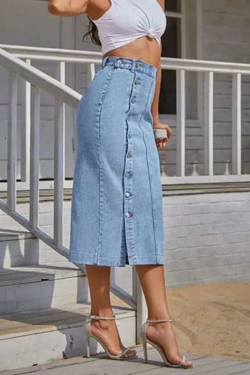 'Kailani' Buttoned Split Denim Skirt - Celes Fashion